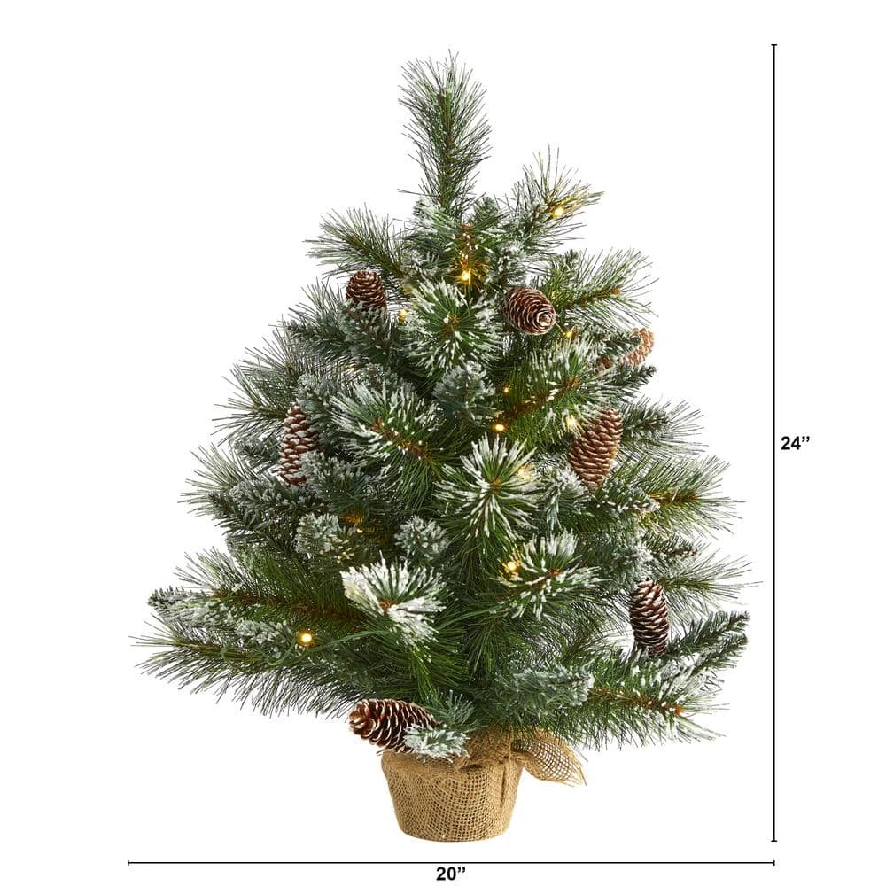 2 Ft. Battery Operated Pre-Lit Frosted Pine Artificial Christmas Tree With 35 Clear LED Lights, Pinecones, Burlap Base 5 2 Ft. Battery Operated Pre-Lit Frosted Pine Artificial Christmas Tree With 35 Clear LED Lights, Pinecones, Burlap Base - Image 3