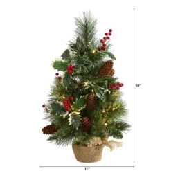 18 In. Battery Operated Pre-Lit Mixed Pine Artificial Christmas Tree, Holly Berries, Pinecones, 35 Clear LED Lights -Christmas Gift Shop nearly natural christmas tabletop trees t1696 c3 1000