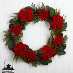 36 In. Artificial Poinsettia And Pine Wreath -Christmas Gift Shop nearly natural christmas wreaths 4202 31 1000