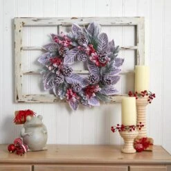 24in. Artificial Unlit Artificial Holiday Wreath With Snowy Magnolia Berry -Christmas Gift Shop nearly natural christmas wreaths 4262 31 1000