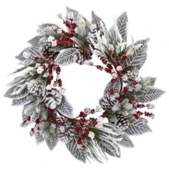 24in. Artificial Unlit Artificial Holiday Wreath With Snowy Magnolia Berry