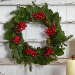 24in. Artificial Unlit Artificial Holiday Wreath With Magnolia Leaf, Berry And Pine -Christmas Gift Shop nearly natural christmas wreaths 4264 1f 1000