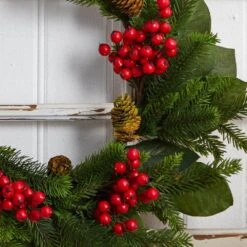 24in. Artificial Unlit Artificial Holiday Wreath With Magnolia Leaf, Berry And Pine -Christmas Gift Shop nearly natural christmas wreaths 4264 31 1000