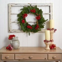 24in. Artificial Unlit Artificial Holiday Wreath With Magnolia Leaf, Berry And Pine -Christmas Gift Shop nearly natural christmas wreaths 4264 4f 1000