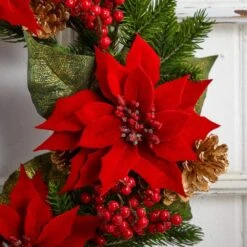 24in. Artificial Unlit Artificial Holiday Wreath With Poinsettia, Berry And Golden Pine Cone 10 24in. Artificial Unlit Artificial Holiday Wreath With Poinsettia, Berry And Golden Pine Cone -Christmas Gift Shop nearly natural christmas wreaths 4269 1f 1000