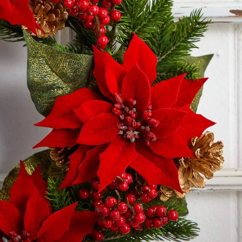 24in. Artificial Unlit Artificial Holiday Wreath With Poinsettia, Berry And Golden Pine Cone 6 24in. Artificial Unlit Artificial Holiday Wreath With Poinsettia, Berry And Golden Pine Cone - Image 4