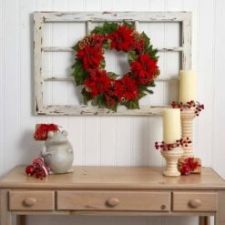 24in. Artificial Unlit Artificial Holiday Wreath With Poinsettia, Berry And Golden Pine Cone 11 24in. Artificial Unlit Artificial Holiday Wreath With Poinsettia, Berry And Golden Pine Cone -Christmas Gift Shop nearly natural christmas wreaths 4269 31 1000