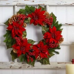 24in. Artificial Unlit Artificial Holiday Wreath With Poinsettia, Berry And Golden Pine Cone 9 24in. Artificial Unlit Artificial Holiday Wreath With Poinsettia, Berry And Golden Pine Cone -Christmas Gift Shop nearly natural christmas wreaths 4269 4f 1000