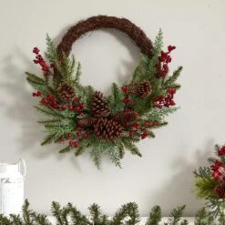 22in. Mixed Pine And Cedar With Berries And Pine Cones Artificial Wreath -Christmas Gift Shop nearly natural christmas wreaths 4360 1f 1000