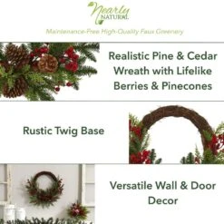 22in. Mixed Pine And Cedar With Berries And Pine Cones Artificial Wreath -Christmas Gift Shop nearly natural christmas wreaths 4360 40 1000