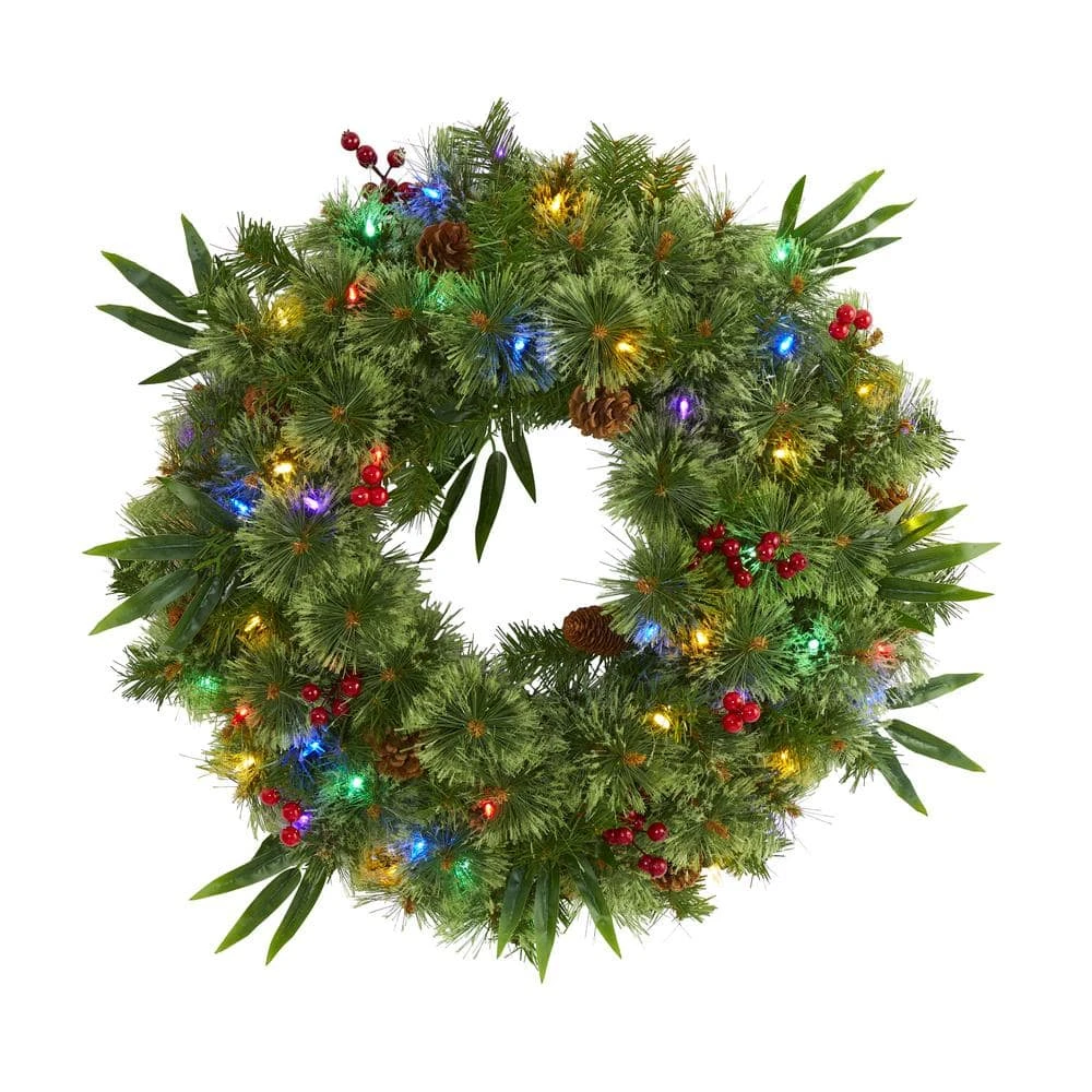 24 In. Green Pre-Lit LED Mixed Pine Artificial Christmas Wreath With 50 Multi-Colored Lights Berries And Pine Cones 2 24 In. Green Pre-Lit LED Mixed Pine Artificial Christmas Wreath With 50 Multi-Colored Lights Berries And Pine Cones