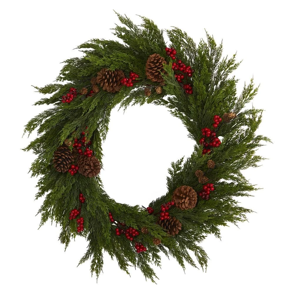 32 In. Cypress With Berries And Pine Cones Artificial Wreath 3 32 In. Cypress With Berries And Pine Cones Artificial Wreath