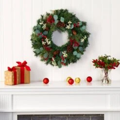 24 In. Eucalyptus And Pine Artificial Wreath With Berries And Pine Cones -Christmas Gift Shop nearly natural christmas wreaths 4506 31 1000