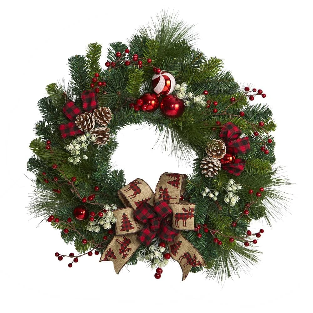 24 In. Christmas Pine Artificial Wreath With Pine Cones And Ornaments 3 24 In. Christmas Pine Artificial Wreath With Pine Cones And Ornaments