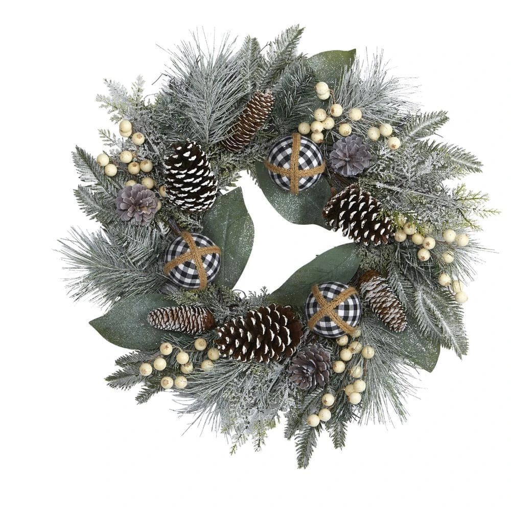 24 In. Snow Tipped Holiday Artificial Wreath With Berries Pine Cones And Ornaments 3 24 In. Snow Tipped Holiday Artificial Wreath With Berries Pine Cones And Ornaments