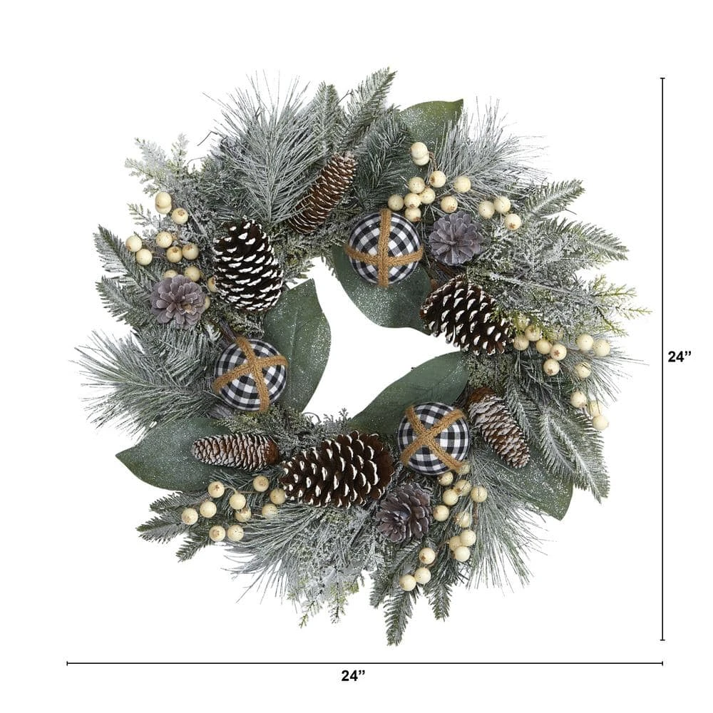 24 In. Snow Tipped Holiday Artificial Wreath With Berries Pine Cones And Ornaments 4 24 In. Snow Tipped Holiday Artificial Wreath With Berries Pine Cones And Ornaments - Image 2
