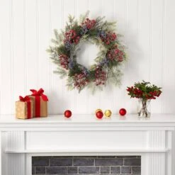 24 In. Pine And Cedar Artificial Wreath With Berries -Christmas Gift Shop nearly natural christmas wreaths 4610 31 1000