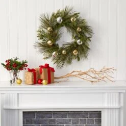 26 In. Sparkling Pine Artificial Wreath With Decorative Ornaments -Christmas Gift Shop nearly natural christmas wreaths 4619 31 1000