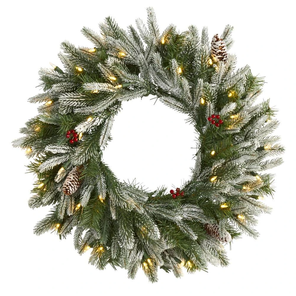 24 In. Pre-Lit Snowed Artificial Christmas Wreath With 50 Warm White LED Lights And Pine Cones 3 24 In. Pre-Lit Snowed Artificial Christmas Wreath With 50 Warm White LED Lights And Pine Cones