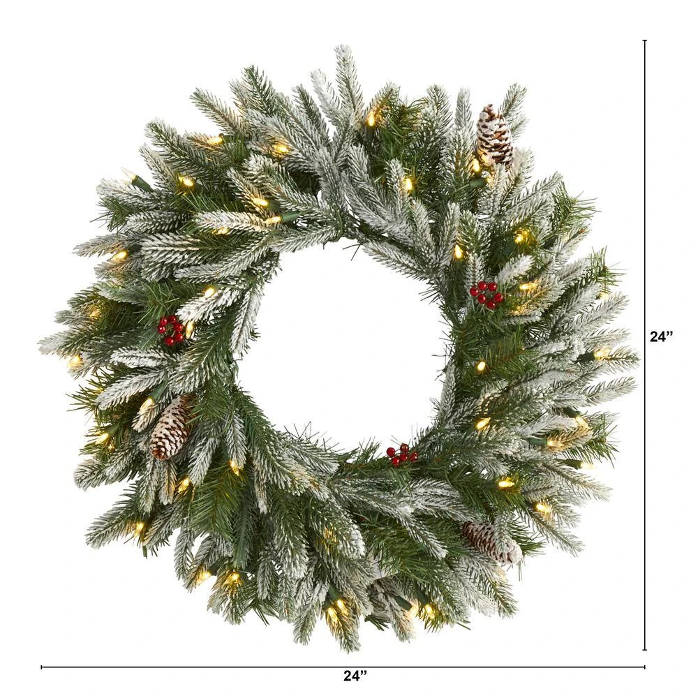 24 In. Pre-Lit Snowed Artificial Christmas Wreath With 50 Warm White LED Lights And Pine Cones 4 24 In. Pre-Lit Snowed Artificial Christmas Wreath With 50 Warm White LED Lights And Pine Cones - Image 2