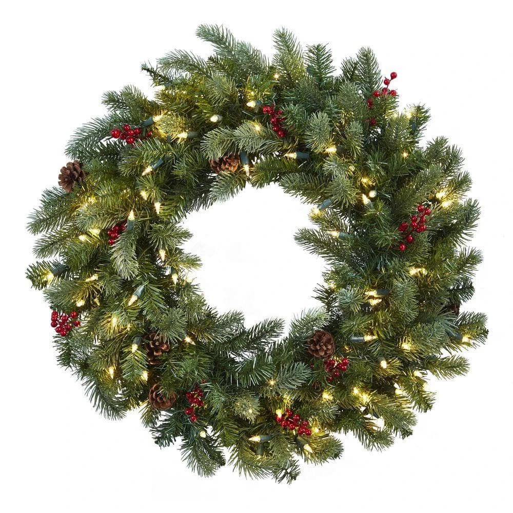 30 In. Lighted Pine Artificial Wreath With Berries And Pine Cones 3 30 In. Lighted Pine Artificial Wreath With Berries And Pine Cones