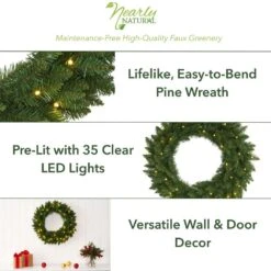 24 In. Pre-Lit Green Pine Artificial Christmas Wreath With 35 Clear LED Lights -Christmas Gift Shop nearly natural christmas wreaths w1110 40 1000
