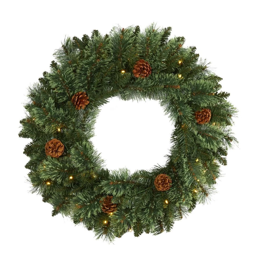 24 In. Pre-Lit Green White-Mountain Pine Artificial Christmas Wreath With 35 LED Lights And Pine Cones 3 24 In. Pre-Lit Green White-Mountain Pine Artificial Christmas Wreath With 35 LED Lights And Pine Cones