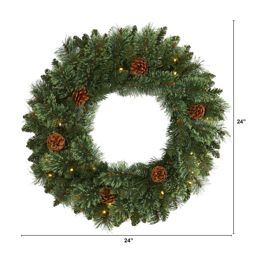 24 In. Pre-Lit Green White-Mountain Pine Artificial Christmas Wreath With 35 LED Lights And Pine Cones 5 24 In. Pre-Lit Green White-Mountain Pine Artificial Christmas Wreath With 35 LED Lights And Pine Cones - Image 3