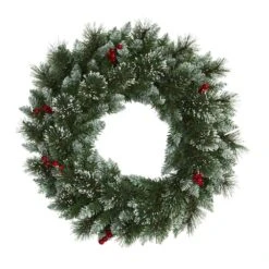 24 In. Pre-Lit Frosted Swiss Pine Artificial Wreath With 35 Clear LED Lights And Berries -Christmas Gift Shop nearly natural christmas wreaths w1113 4f 1000