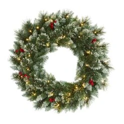 24 In. Pre-Lit Frosted Swiss Pine Artificial Wreath With 35 Clear LED Lights And Berries