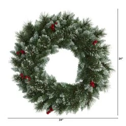 24 In. Pre-Lit Frosted Swiss Pine Artificial Wreath With 35 Clear LED Lights And Berries -Christmas Gift Shop nearly natural christmas wreaths w1113 c3 1000