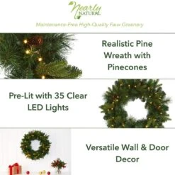 24 In. Pre-Lit Mixed Pine Artificial Christmas Wreath With 35 Clear LED Lights And Pinecones -Christmas Gift Shop nearly natural christmas wreaths w1114 40 1000