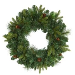 24 In. Pre-Lit Mixed Pine Artificial Christmas Wreath With 35 Clear LED Lights And Pinecones -Christmas Gift Shop nearly natural christmas wreaths w1114 4f 1000