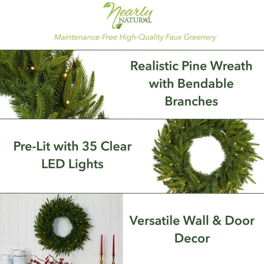 24 In. Pre-Lit Long Pine Artificial Christmas Wreath With 35 Clear LED Lights 5 24 In. Pre-Lit Long Pine Artificial Christmas Wreath With 35 Clear LED Lights - Image 3