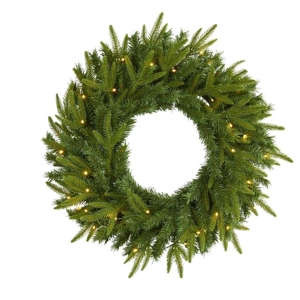 24 In. Pre-Lit Long Pine Artificial Christmas Wreath With 35 Clear LED Lights 3 24 In. Pre-Lit Long Pine Artificial Christmas Wreath With 35 Clear LED Lights