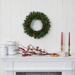 20 In. Pre-Lit Pine Artificial Christmas Wreath With 35 LED Lights And Pine Cones -Christmas Gift Shop nearly natural christmas wreaths w1116 31 1000