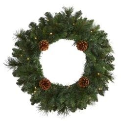 20 In. Pre-Lit Pine Artificial Christmas Wreath With 35 LED Lights And Pine Cones