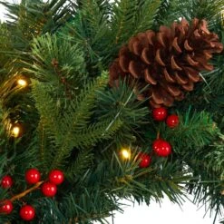 24 In. Mixed Pine Artificial Christmas Wreath With 35 Clear LED Lights And Berries -Christmas Gift Shop nearly natural christmas wreaths w1117 4f 1000