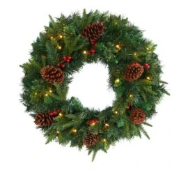 24 In. Mixed Pine Artificial Christmas Wreath With 35 Clear LED Lights And Berries