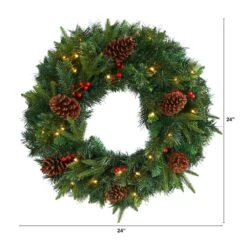 24 In. Mixed Pine Artificial Christmas Wreath With 35 Clear LED Lights And Berries -Christmas Gift Shop nearly natural christmas wreaths w1117 c3 1000