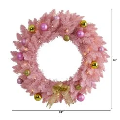 24 In. Pink Pre-Lit Artificial Christmas Wreath With 35 LED Lights And Ornaments -Christmas Gift Shop nearly natural christmas wreaths w1119 c3 1000