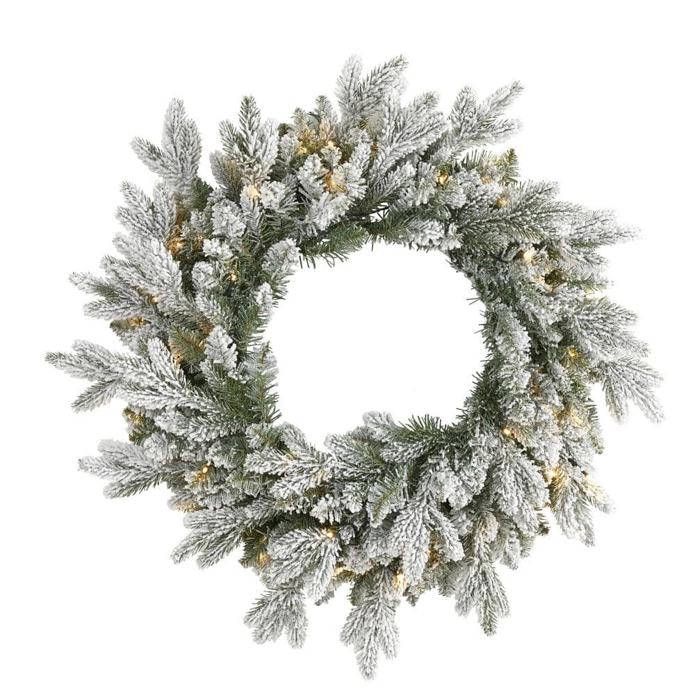 24 In. Pre-Lit Flocked Artificial Christmas Wreath With 50 LED Lights 3 24 In. Pre-Lit Flocked Artificial Christmas Wreath With 50 LED Lights