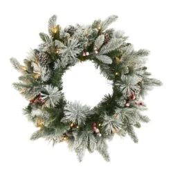 20 In. Pre-Lit Flocked Mixed Pine Artificial Christmas Wreath With 50 LED Lights, Pine Cones And Berries