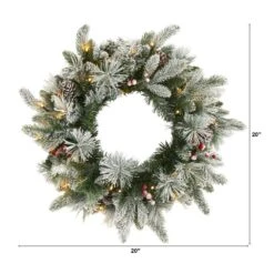 20 In. Pre-Lit Flocked Mixed Pine Artificial Christmas Wreath With 50 LED Lights, Pine Cones And Berries -Christmas Gift Shop nearly natural christmas wreaths w1129 c3 1000