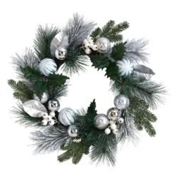 24 In. Unlit Pinecones And Berries Artificial Christmas Wreath With Silver Ornaments
