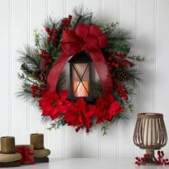28 In. Red Pre-Lit Poinsettia And Berry Holiday Lantern Artificial Christmas Wreath With LED Candle -Christmas Gift Shop nearly natural christmas wreaths w1272 4f 1000