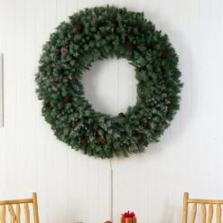 60 In. Prelit LED Giant Flocked Artificial Christmas Wreath With Pinecones, 400 Clear LED Lights -Christmas Gift Shop nearly natural christmas wreaths w1281 1f 1000