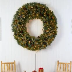 60 In. Prelit LED Giant Flocked Artificial Christmas Wreath With Pinecones, 400 Clear LED Lights -Christmas Gift Shop nearly natural christmas wreaths w1281 31 1000