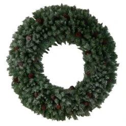 60 In. Prelit LED Giant Flocked Artificial Christmas Wreath With Pinecones, 400 Clear LED Lights -Christmas Gift Shop nearly natural christmas wreaths w1281 4f 1000