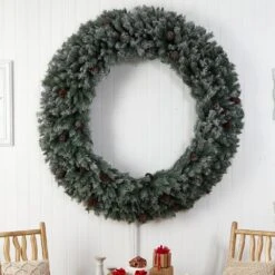 72 In. Pre-Lit LED Giant Flocked Artificial Christmas Wreath With Pinecones, 600 Clear LED Lights -Christmas Gift Shop nearly natural christmas wreaths w1282 1f 1000